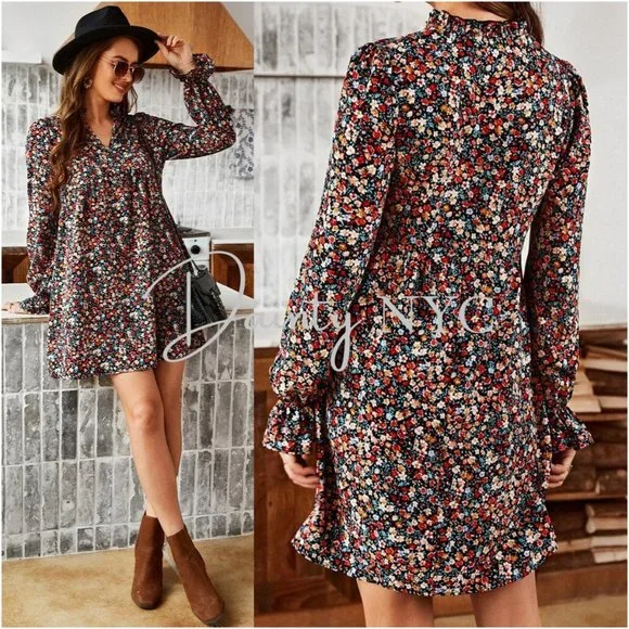 Boho Dainty Floral Confetti Ruffle Babydoll Dress - Picture 2 of 12